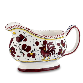 ORVIETO ROOSTER: Deruta Sauce boat (Color: Red, size: 6.75 Long. X 3.5 WIDE X 5 HIGH (8.5 Long with handles) (Dimensions measured in Inches))
