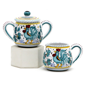 ORVIETO ROOSTER: Sugar and Creamer (Color: Green, size: 3.5 DIAM. X 3.5 HIGH (Dimensions measured in Inches))