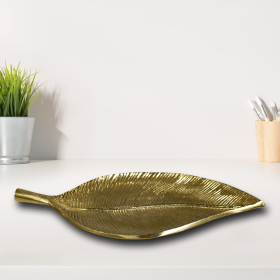Handmade Decorative Gold Color Coated Aluminium Tray (Color: Gold, size: 10.82 x 6.10 x 0.78cm)