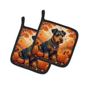 Autumn Leaves Pair of Pot Holders (Design: Airedale Terrier, size: 7.5HX7.5W)