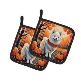 Autumn Leaves Pair of Pot Holders (Design: American Eskimo, size: 7.5HX7.5W)
