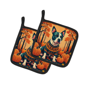 Autumn Leaves Pair of Pot Holders (Design: Pit Bull Terrier, size: 7.5HX7.5W)