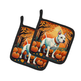 Autumn Leaves Pair of Pot Holders (Design: Pit Bull Terrier White, size: 7.5HX7.5W)
