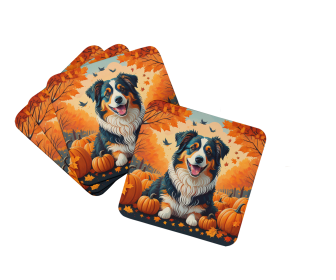 Autumn Leaves Foam Coasters (Design: Australian Shepherd, size: 3.5)