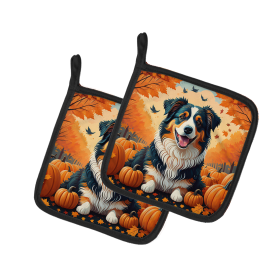Autumn Leaves Pair of Pot Holders (Design: Australian Shepherd, size: 7.5HX7.5W)