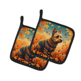 Autumn Leaves Pair of Pot Holders (Design: Australian Terrier, size: 7.5HX7.5W)