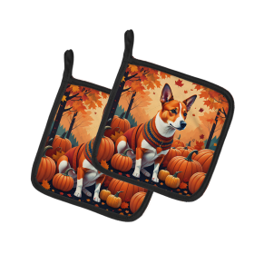 Autumn Leaves Pair of Pot Holders (Design: Basenji Red, size: 7.5HX7.5W)