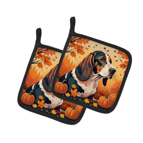 Autumn Leaves Pair of Pot Holders (Design: Basset Hound, size: 7.5HX7.5W)