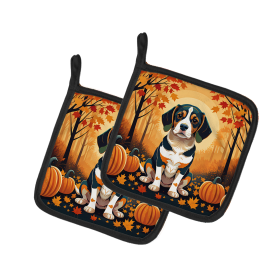 Autumn Leaves Pair of Pot Holders (Design: Beagle, size: 7.5HX7.5W)