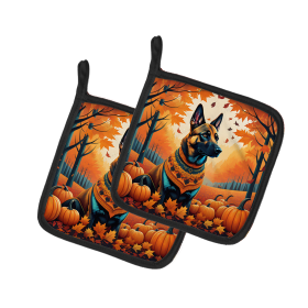 Autumn Leaves Pair of Pot Holders (Design: Belgian Malinois, size: 7.5HX7.5W)