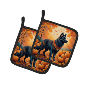 Autumn Leaves Pair of Pot Holders (Design: Belgian Sheepdog, size: 7.5HX7.5W)