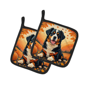 Autumn Leaves Pair of Pot Holders (Design: Bernese Mountain Dog, size: 7.5HX7.5W)