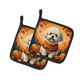 Autumn Leaves Pair of Pot Holders (Design: Bichon Frise, size: 7.5HX7.5W)