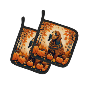 Autumn Leaves Pair of Pot Holders (Design: Bloodhound, size: 7.5HX7.5W)