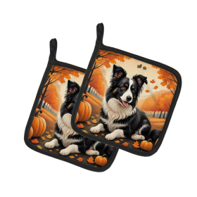 Autumn Leaves Pair of Pot Holders (Design: Border Collie, size: 7.5HX7.5W)