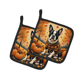 Autumn Leaves Pair of Pot Holders (Design: Boston Terrier, size: 7.5HX7.5W)