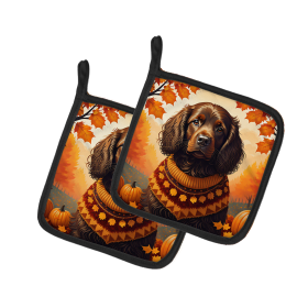 Autumn Leaves Pair of Pot Holders (Design: Boykin Spaniel, size: 7.5HX7.5W)