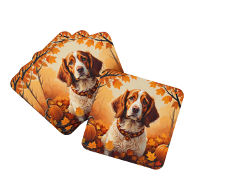 Autumn Leaves Foam Coasters (Design: Brittany Spaniel, size: 3.5)