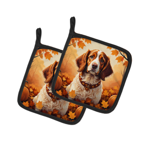 Autumn Leaves Pair of Pot Holders (Design: Brittany Spaniel, size: 7.5HX7.5W)