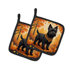 Autumn Leaves Pair of Pot Holders (Design: Cairn Terrier Black, size: 7.5HX7.5W)