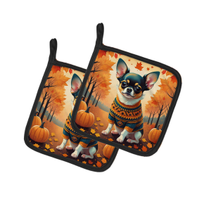 Autumn Leaves Pair of Pot Holders (Design: Chihuahua Tricolor, size: 7.5HX7.5W)