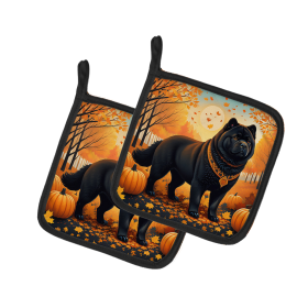 Autumn Leaves Pair of Pot Holders (Design: Chow Chow Black, size: 7.5HX7.5W)