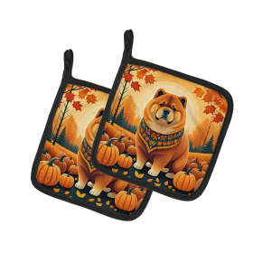 Autumn Leaves Pair of Pot Holders (Design: Chow Chow, size: 7.5HX7.5W)