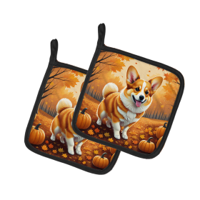Autumn Leaves Pair of Pot Holders (Design: Corgi, size: 7.5HX7.5W)