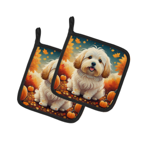 Autumn Leaves Pair of Pot Holders (Design: Coton De Tulear, size: 7.5HX7.5W)