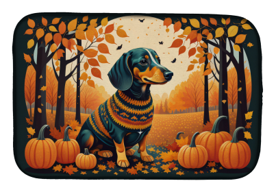 Autumn Leaves Dish Drying Mat (Dog Breed: Dachshund Black and Tan, size: 14  x 21")