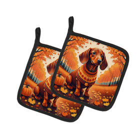 Autumn Leaves Pair of Pot Holders (Design: Dachshund, size: 7.5HX7.5W)