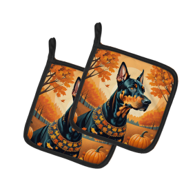 Autumn Leaves Pair of Pot Holders (Design: Doberman Pinscher, size: 7.5HX7.5W)