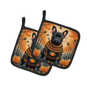 Autumn Leaves Pair of Pot Holders (Design: French Bulldog Black, size: 7.5HX7.5W)