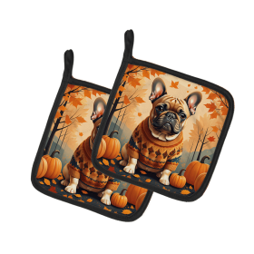 Autumn Leaves Pair of Pot Holders (Design: French Bulldog Fawn, size: 7.5HX7.5W)