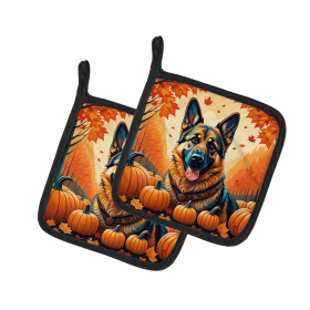 Autumn Leaves Pair of Pot Holders (Design: German Shepherd, size: 7.5HX7.5W)