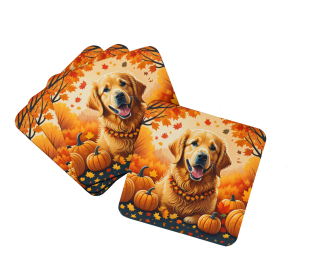 Autumn Leaves Foam Coasters (Design: Golden Retriever, size: 3.5)