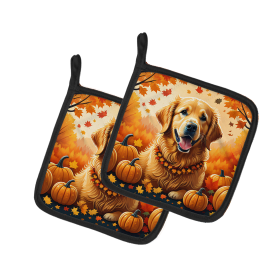 Autumn Leaves Pair of Pot Holders (Design: Golden Retriever, size: 7.5HX7.5W)