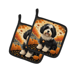 Autumn Leaves Pair of Pot Holders (Design: Havanese, size: 7.5HX7.5W)