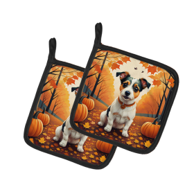 Autumn Leaves Pair of Pot Holders (Design: Jack Russell Terrier, size: 7.5HX7.5W)