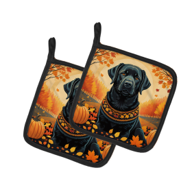 Autumn Leaves Pair of Pot Holders (Design: Labrador Retriever Black, size: 7.5HX7.5W)