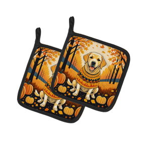 Autumn Leaves Pair of Pot Holders (Design: Labrador Retriever Yellow, size: 7.5HX7.5W)
