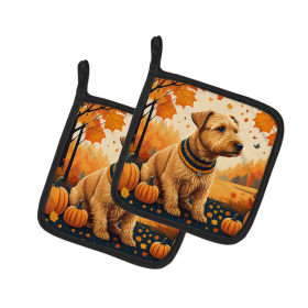 Autumn Leaves Pair of Pot Holders (Design: Lakeland Terrier, size: 7.5HX7.5W)