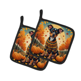 Autumn Leaves Pair of Pot Holders (Design: Miniature Pinscher, size: 7.5HX7.5W)