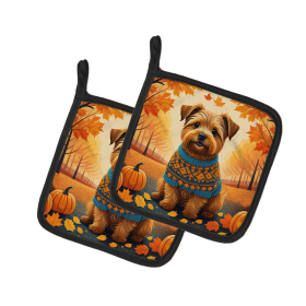 Autumn Leaves Pair of Pot Holders (Design: Norfolk Terrier, size: 7.5HX7.5W)