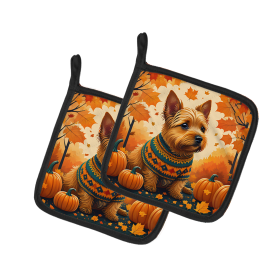 Autumn Leaves Pair of Pot Holders (Design: Norwich Terrier, size: 7.5HX7.5W)