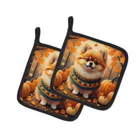 Autumn Leaves Pair of Pot Holders (Design: Pomeranian, size: 7.5HX7.5W)