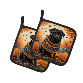 Autumn Leaves Pair of Pot Holders (Design: Pug Black, size: 7.5HX7.5W)