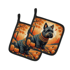 Autumn Leaves Pair of Pot Holders (Design: Scottish Terrier, size: 7.5HX7.5W)