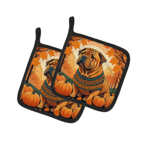 Autumn Leaves Pair of Pot Holders (Design: Shar Pei, size: 7.5HX7.5W)