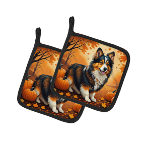 Autumn Leaves Pair of Pot Holders (Design: Sheltie, size: 7.5HX7.5W)